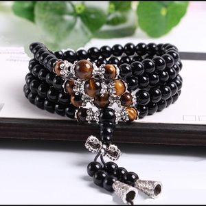Tiger Eye & Black Crystal Tibet Mala Prayer Beads